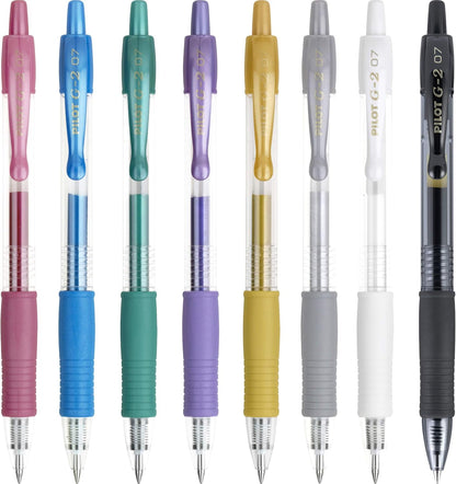 PILOT G2 Metallics Refillable and Retractable Rolling Ball Gel Pens, Fine Point, Assorted Color Inks, 8-Pack Pouch (34405)