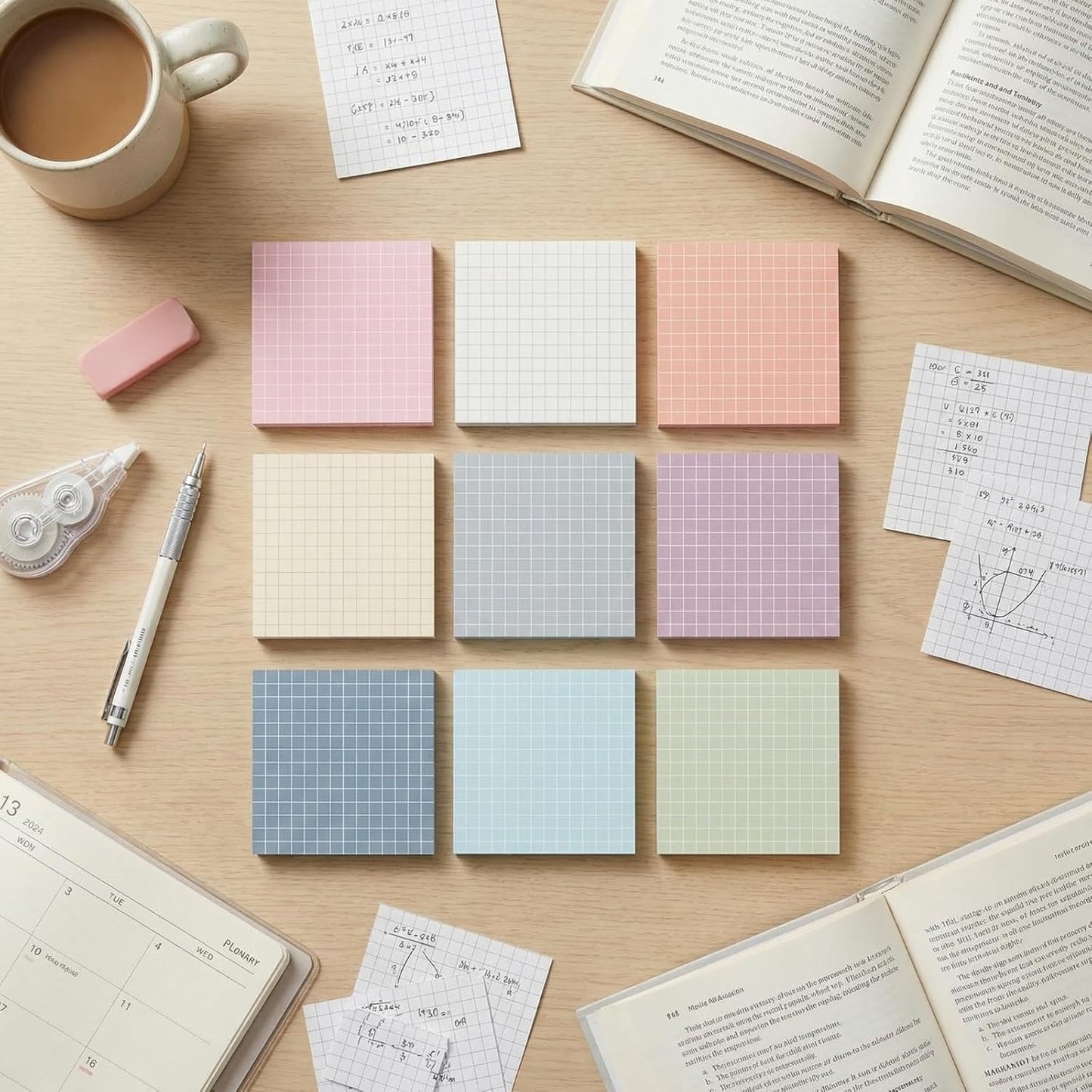 Jecery 9 Pack 4 x 6 Inch Grid Sticky Notes Self Adhesive Memo Pad Cute Graph Paper Self Stick Note Pads with Grid Lines for Gifts Office Supplies, 270 Sheets(Soft Colors)