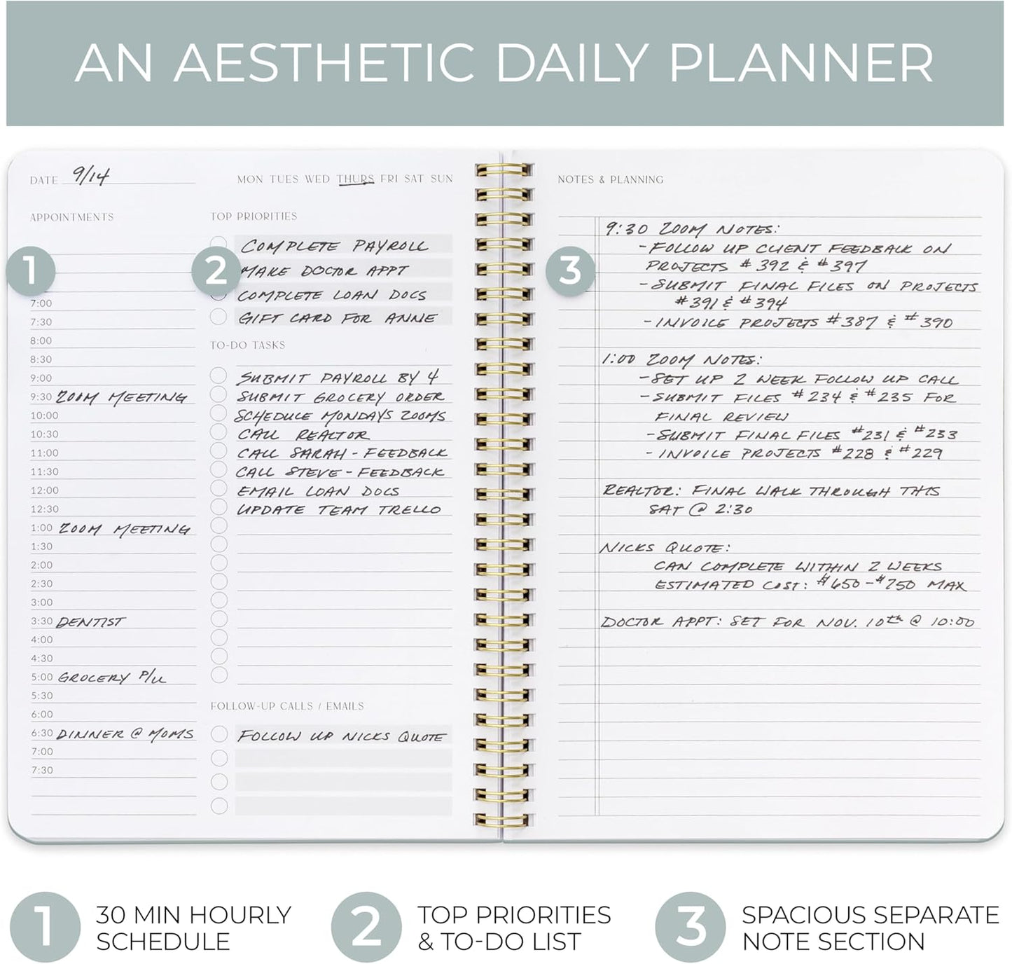 Beautiful Daily Planner And Notebook With Hourly Schedule - Aesthetic Spiral To do List Notepad to Easily Organize Your Tasks And Appointments - Stylish Book And School Or Office Supplies For Women