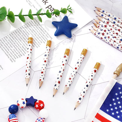 JarThenaAMCS 50Pcs Independence Day Pencil with Erasers American Flag Short Writing Wooden Pencils Red White Blue Patriotic Half Pencil for 250th Anniversary 4th of July School Office Supplies, 4 in