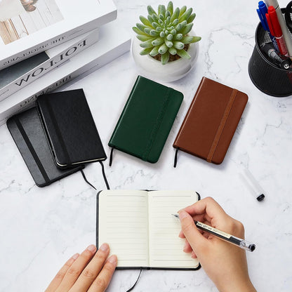 Qeeenar 10 Pcs Mini Black Brown Blue Leather Pocket Notebook Bulk, 4 x 2.5 Inch Small Journal Note Book, 50 Sheets Hardcover Tiny Notepad Lined for Office Home School Writing Supplies