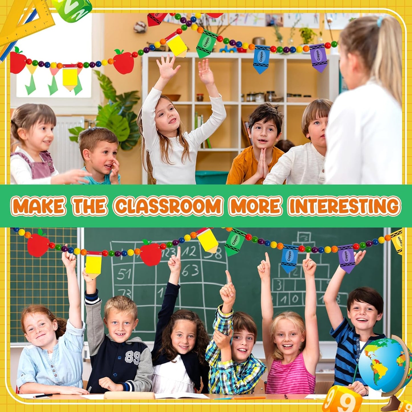 8.2 Ft Pencil Wooden Garland Graduation Yellow Pencil Banners with Cute Beads Hanging Ornaments for Kindergarten Classroom Office Home First Day of School Party Decor
