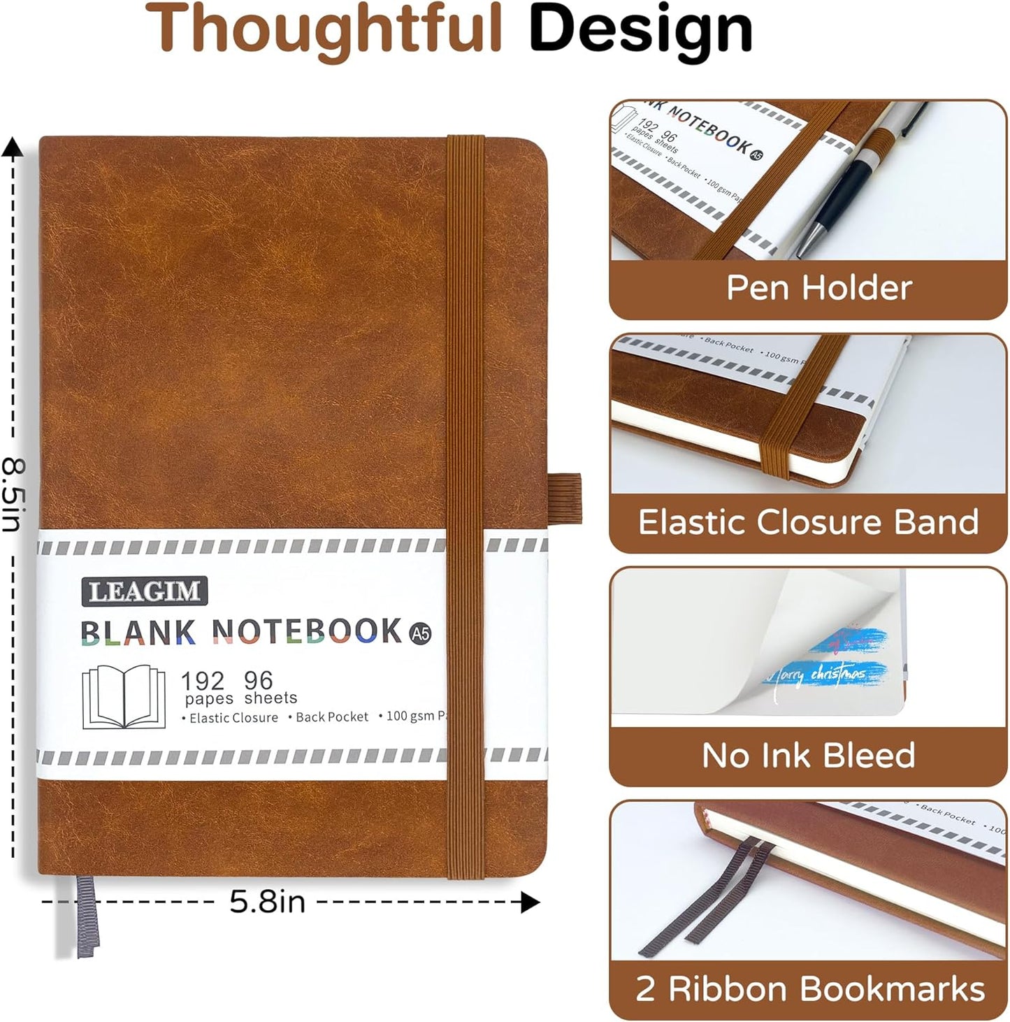 Blank Journal Notebook, A5, 192 Pages 100 GSM Thick Sketch Book for Women Men, Hardcover Leather Unlined Journaling for Work, Notebooks for Writing, 5.8 inches x 8.5 inches (Black)