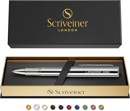 Scriveiner Black Rollerball EDC Luxury Pen, Stunning Pocket Pen with Chrome Finish, Cool Writing, Best Gift for Men & Women, German Schmidt Refill, Nice Present, Fancy Office Designer Set