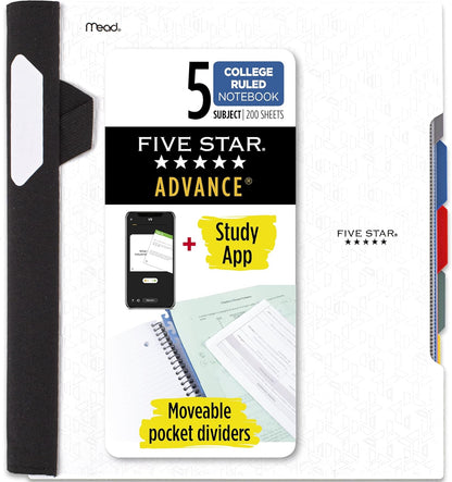 Five Star Advance Spiral Notebook + Study App, 5 Subject, College Ruled Paper, 8-1/2" x 11", 200 Sheets, Spiral Guard, Movable Tabbed Dividers, Black (73144)