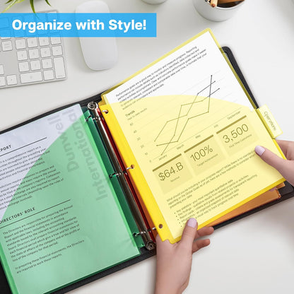 Dunwell 5-Tab Dividers with Pocket for 3-Ring Binders (3 Sets, 15 Count), Plastic One Pocket Dividers with Tabs, Slash File Jackets 3 Hole Punched for 8.5x11 Paper, Poly Pocket Notebook Dividers