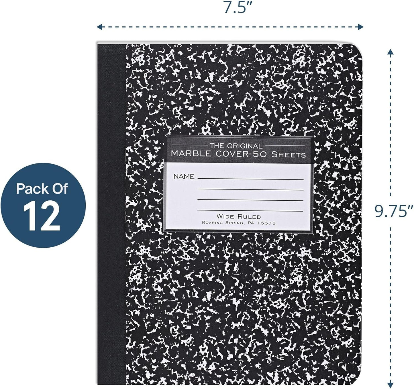ROARING SPRING Hard Cover Composition Notebook, 4 Pack, Blue Marble Comp Book, 9.75″ x 7.5″, Unruled Blank Paper, 100 Sheets (200 Pages), Made in USA