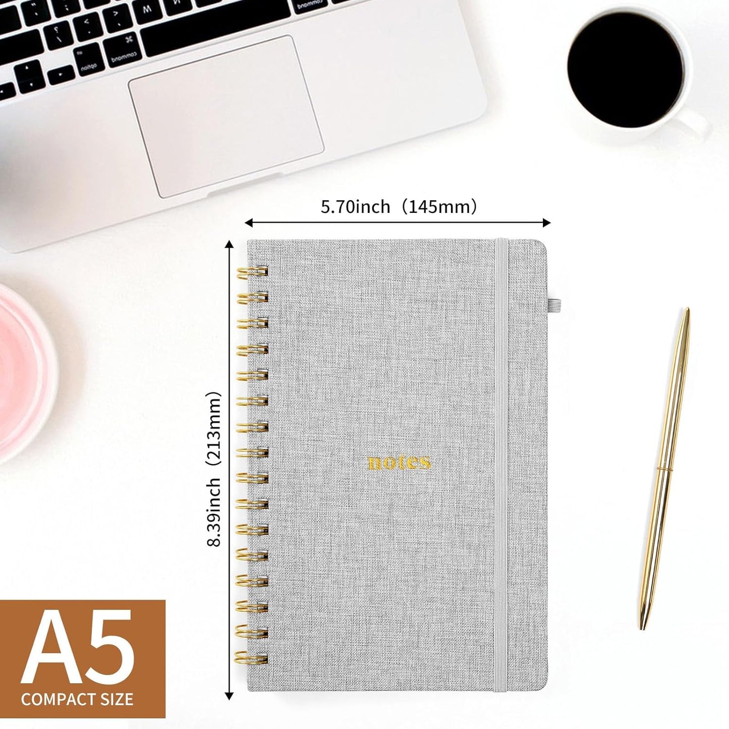 A5 Top Spiral Notebook – Hardcover Journal 160 Pages 100 GSM Thick Paper With Elastic Band & Pen Holder Steno Pads College Ruled Writing Notebooks for Work School Travel Pink