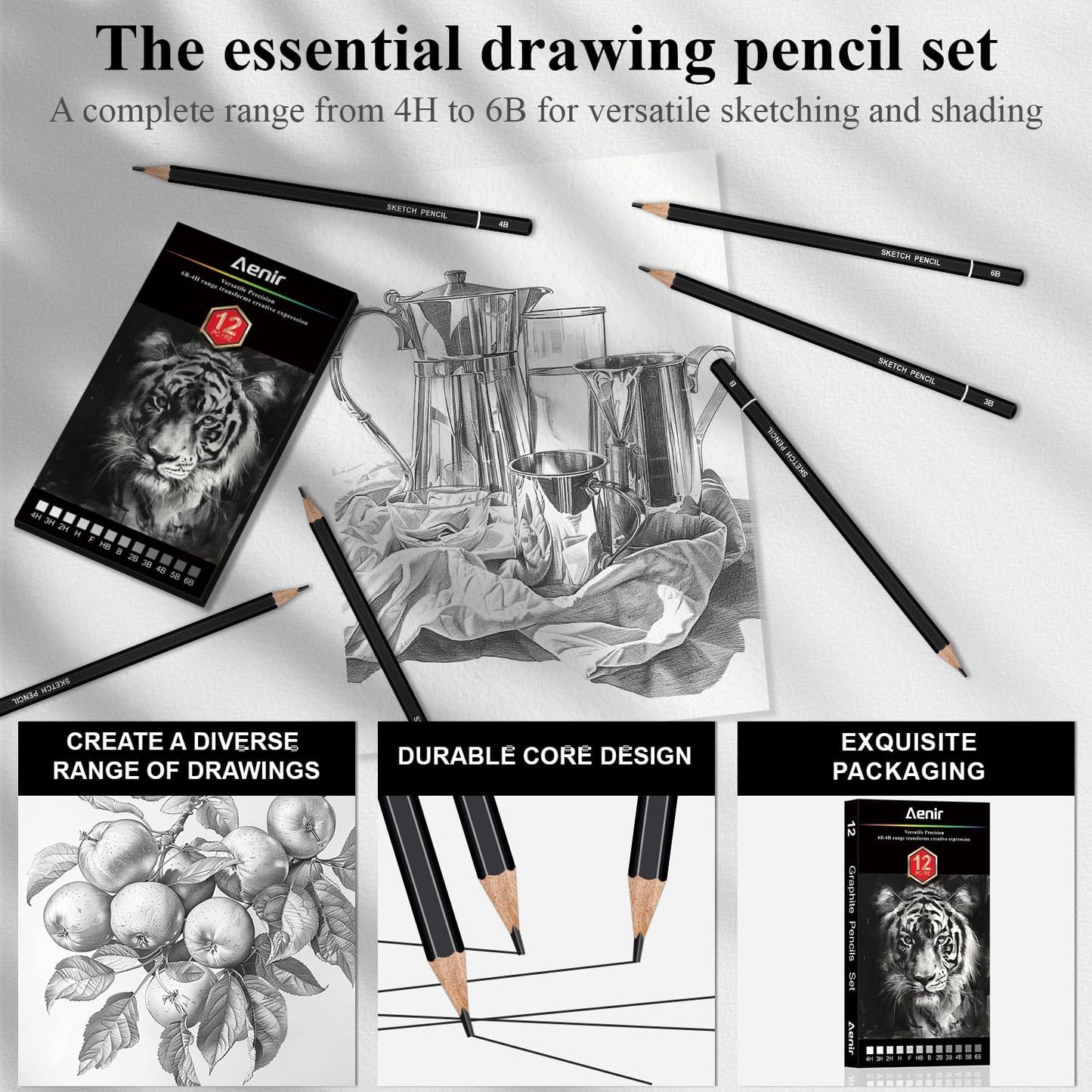 Aenir Sketch Pencils for Drawing, Set of 12 Drawing Pencils for Sketching Medium (6B - 4H), Artist Graphite Pencils, Sketch Set for Artists for Sketching Supplies, Art Supplies.