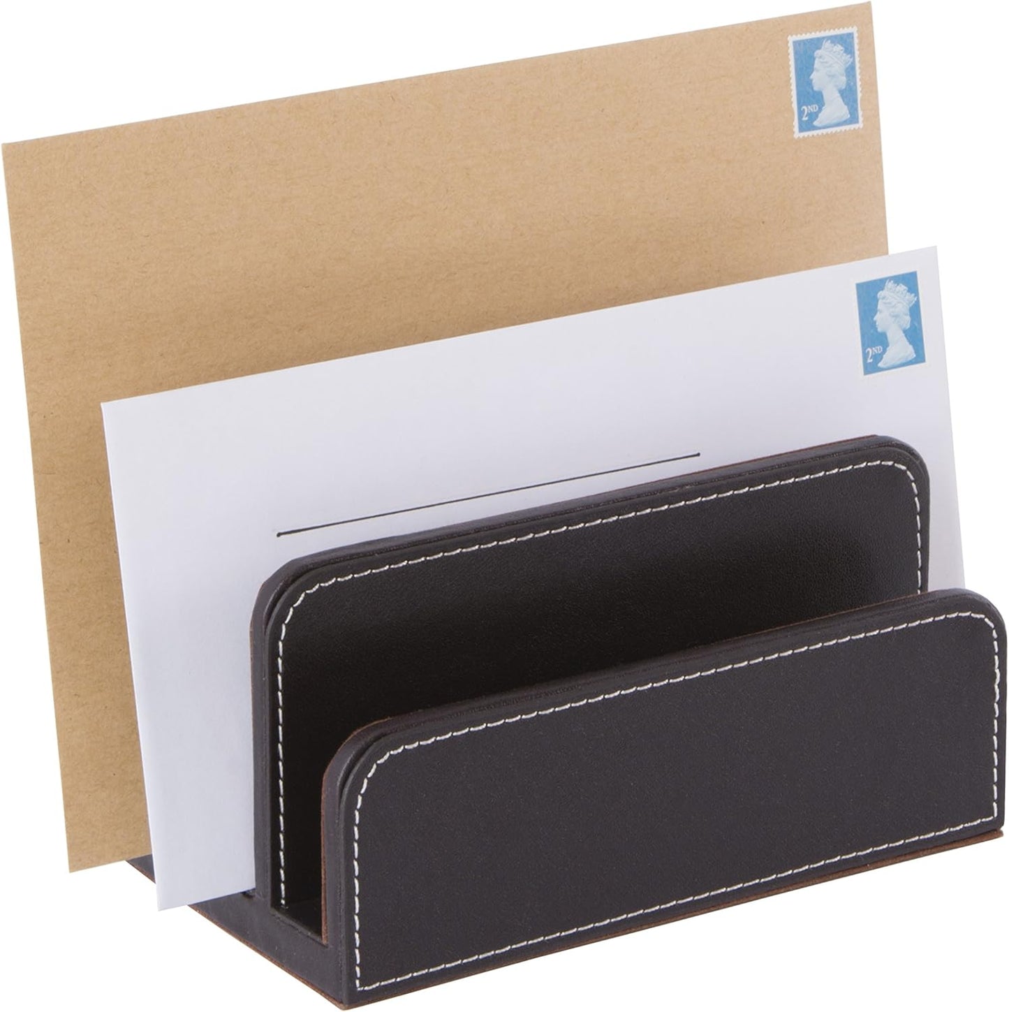 OSCO Black Faux Leather Letter Holder | Mail Sorter | Post Rack | Envelope Organiser | Document Stand | Desk File Storage | Display Slots | H14 x W17.5 D10 cm |