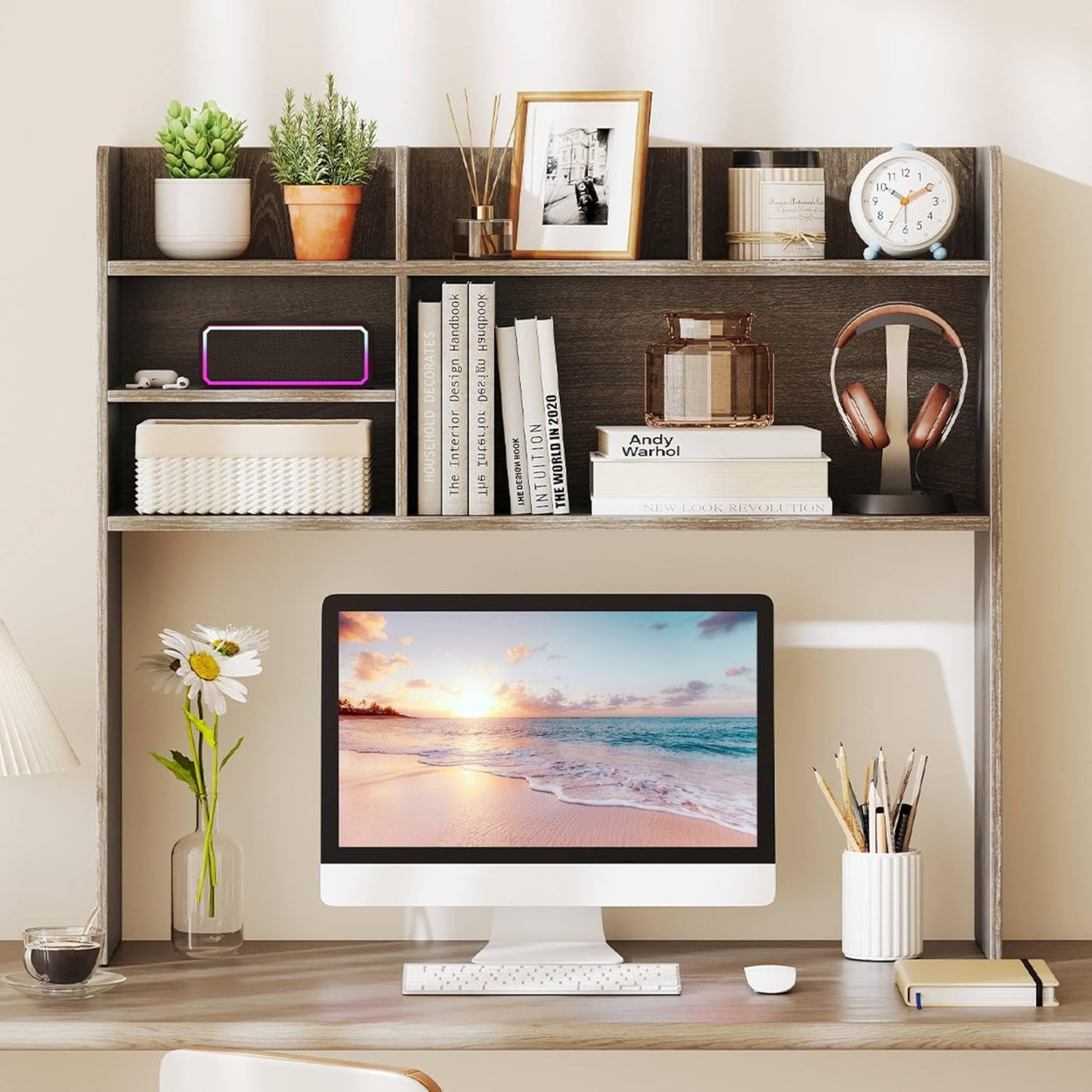 Tangkula Desktop Bookshelf, Countertop Storage Hutch with 5 Shelves for Computer Desk, Desk 3-Tier Display Rack, Multipurpose Wood Desktop Hutch Storage Organizer for Dorm Office Home