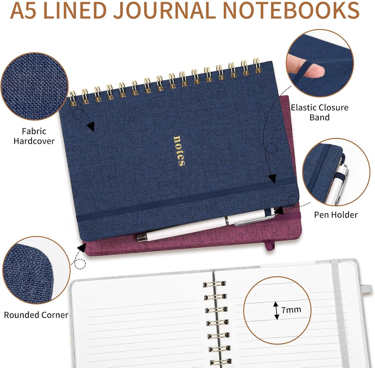 A5 Top Spiral Notebook – Hardcover Journal 160 Pages 100 GSM Thick Paper With Elastic Band & Pen Holder Steno Pads College Ruled Writing Notebooks for Work School Travel Pink