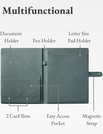 Mymazn Padfolio Portfolio Folder, Faux Leather Interview Resume Folder with Document Organizer & Business Card Holder, Letter-Sized Notepad Legal Pad Holder for Men Women (Sage Green)