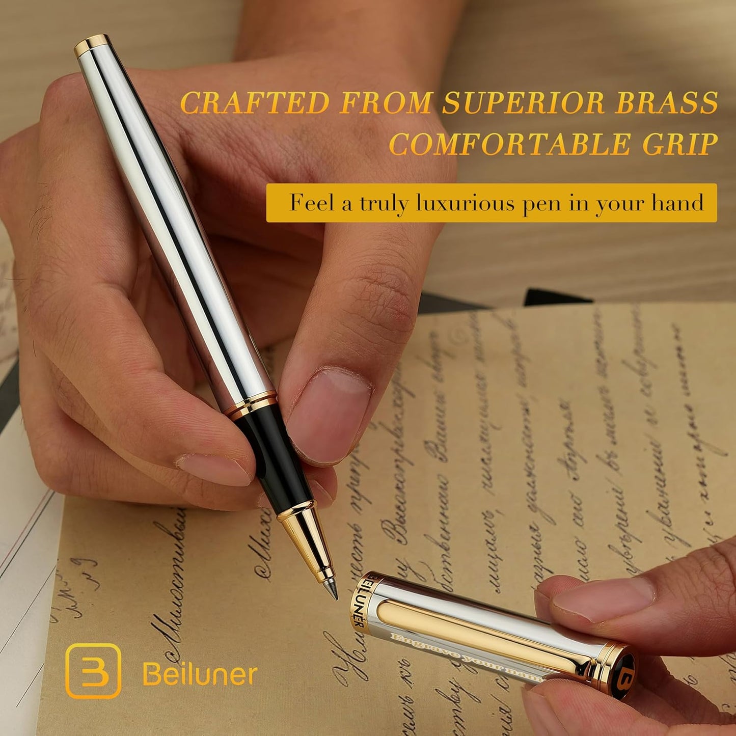 BEILUNER Luxury Rollerball Pen, Stunning Green Lacquer with 24K Gold Trim,Noble and Elegant Designs,Schneider Ink Refill, Best Gift Set for Men & Women, Refillable, Executive Writing, Nice Pens