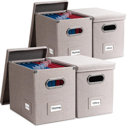 PRANDOM File Organizer Box - Collapsible Decorative Linen Filing Storage with Lids for Letter Size - Grey (14x9.3x10.8 inch)