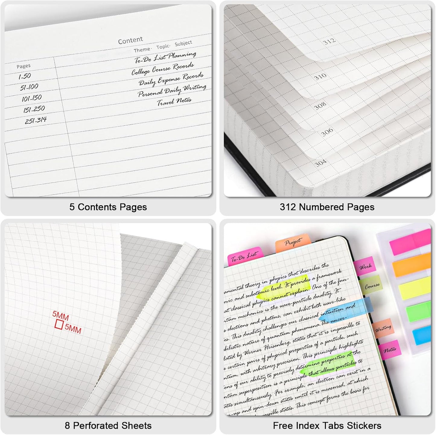 5 Pack College Ruled Notebook, 312 Numbered Pages Thick Notebooks Bulk, 100gsm No Bleed Paper Hardcover Leather Journal, Lined Journal Notebook Set for Women Men School Office, A5, Multicolor
