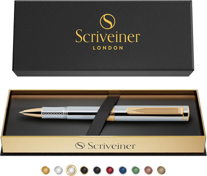 Scriveiner Black Rollerball EDC Luxury Pen, Stunning Pocket Pen with Chrome Finish, Cool Writing, Best Gift for Men & Women, German Schmidt Refill, Nice Present, Fancy Office Designer Set