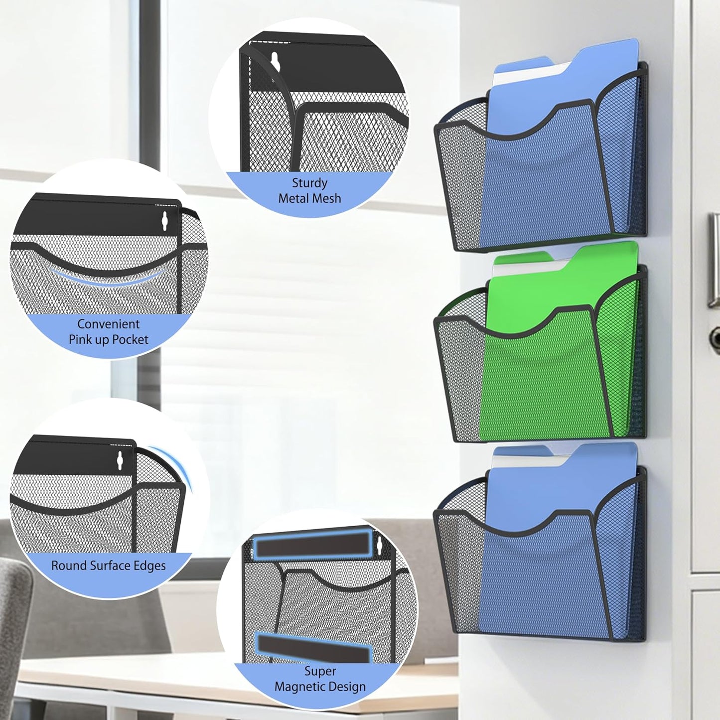 Gawerk 3 Pack Wall File Organizer, Mesh Wall File Pocket Mail Organizer Hanging Metal Vertical Wall Mounted File Holder for Office/Home