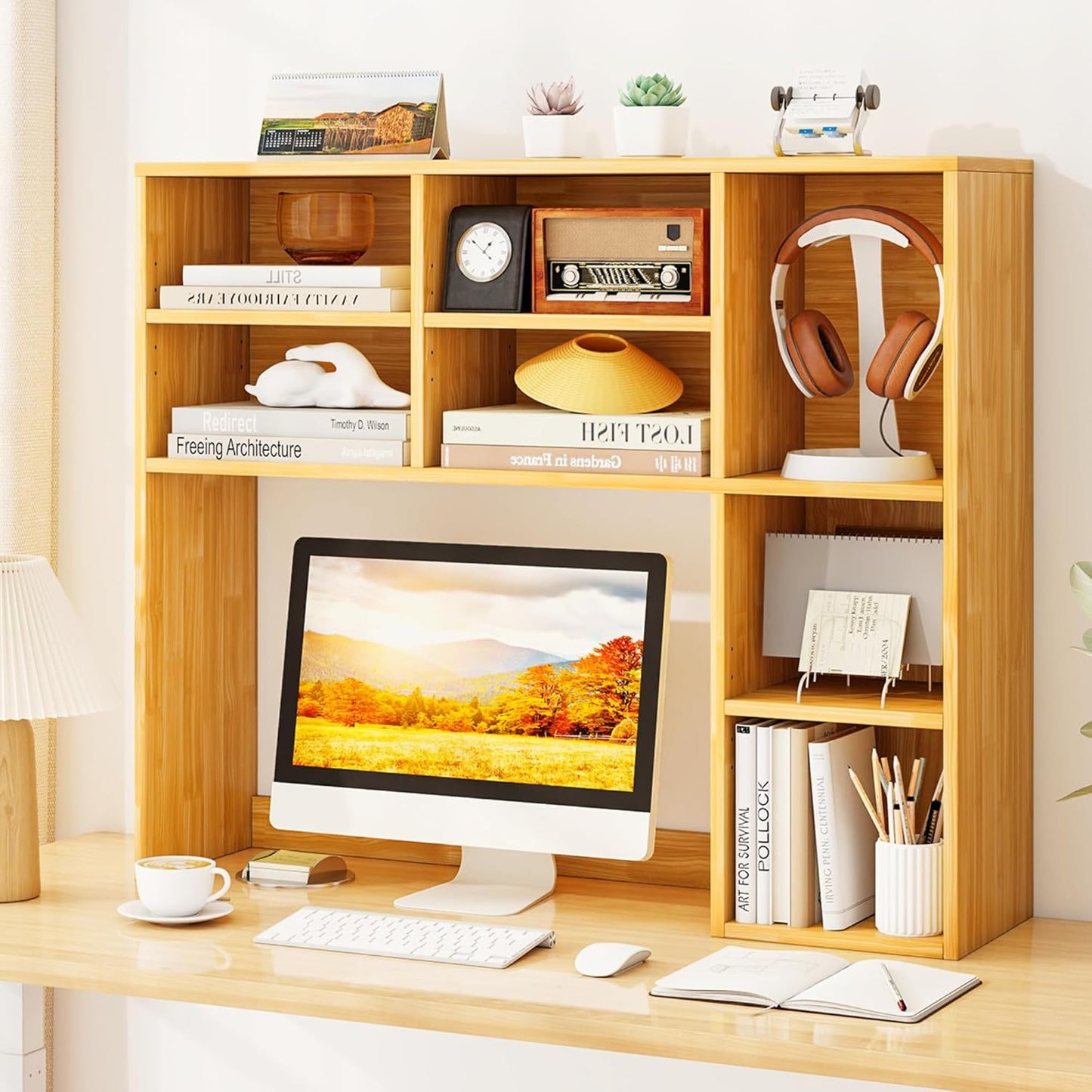 Tangkula Desktop Bookshelf, Countertop Storage Hutch with 5 Shelves for Computer Desk, Desk 3-Tier Display Rack, Multipurpose Wood Desktop Hutch Storage Organizer for Dorm Office Home