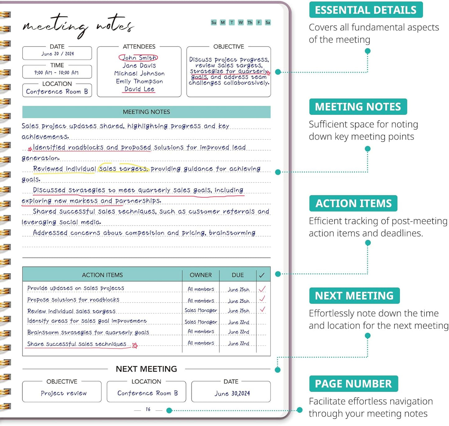 Meeting Notebook for Work Organization - Work notebook with action items, Meeting Minutes Planner Notebook, Perfect Office Supplies for Men & Women - Pink