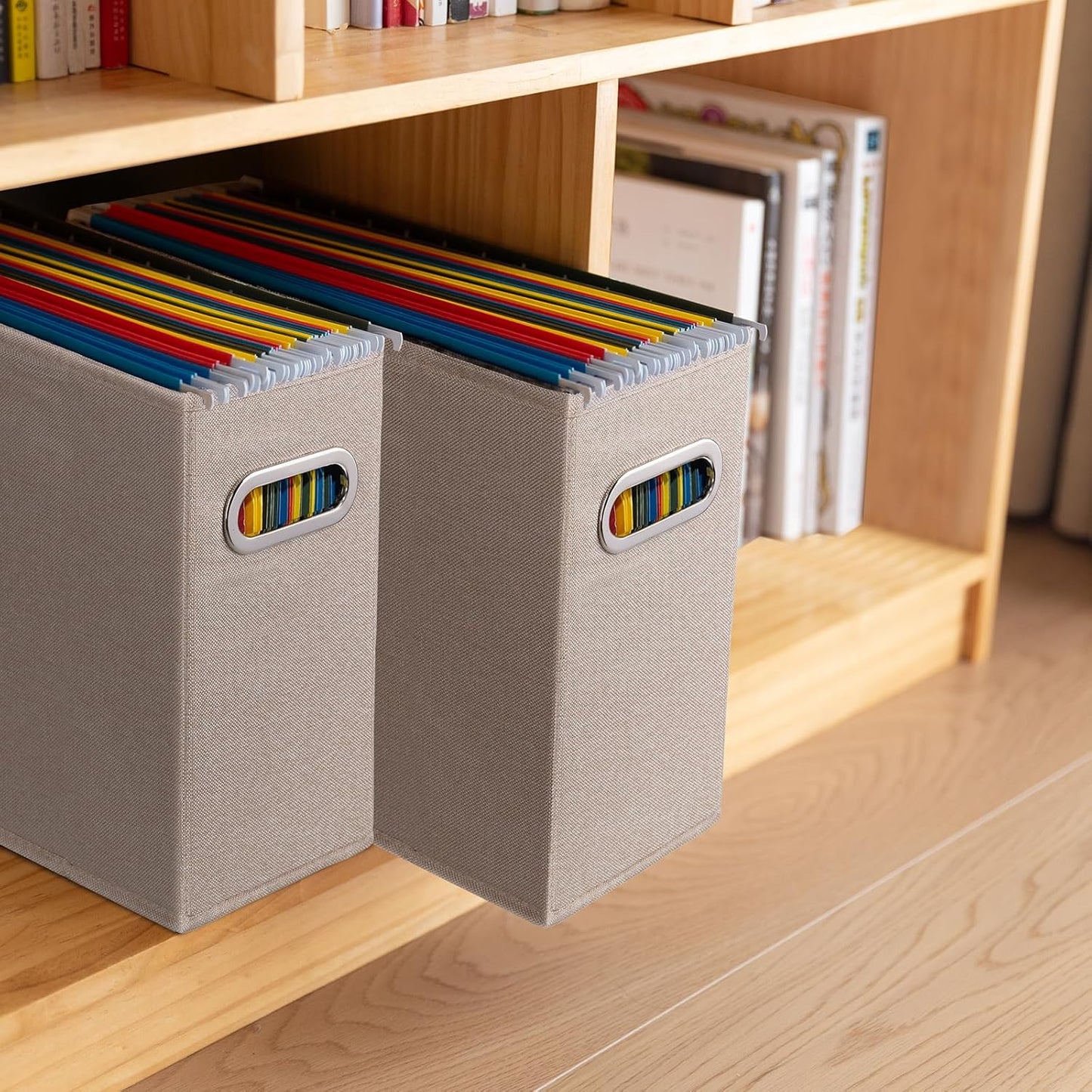 4 Pack Letter Size File Storage Box Collapsible, Fabric Hanging File Folders Organizer, Portable Office Document Holder with Metal Handle, Smooth PVC Rails, Beige