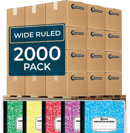 Rosmonde 50 Pack Composition Notebooks Bulk, Wide Ruled Composition Notebook, 200 Pages (100 Sheets), 9-3/4 x 7-1/2, Black Marble, Bulk School Supplies, Office Notebooks, Bulk Notebooks for School