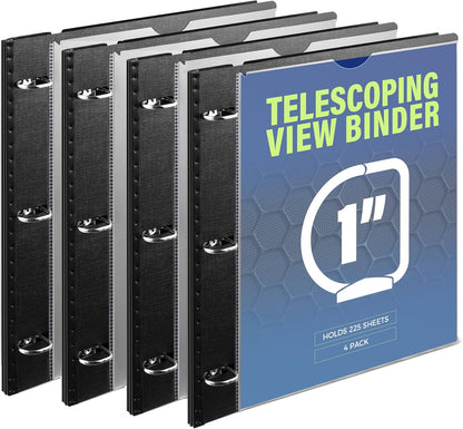 WOT I 1 Inch Telescoping 3 Ring Binder 4 Pack, Expandable Flexible Binder with Customizable Front Cover & Clear Catalog Pocket, Holds 225 Sheets, School Office Supplies, White