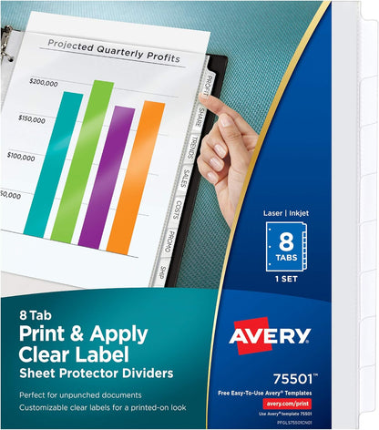 Avery 5-Tab Sheet Protector Dividers, Easy Print & Apply Clear Labels, Index Maker, White Tabs, 1 Set (75500)