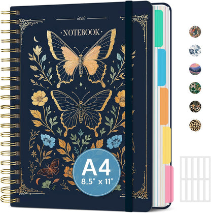 Large Spiral Notebook with Dividers & Tabs, 8.5" x 11" Hardcover 5 Subject Notebook for Work, 280 pages, College Ruled, Cute Journal for Women, Perfect for Study & Office Note Taking, Garden
