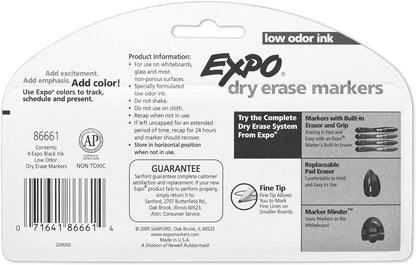 EXPO Low Odor Dry Erase Markers, Fine Tip, Black, 4 Count - Home Organization, Study Supplies