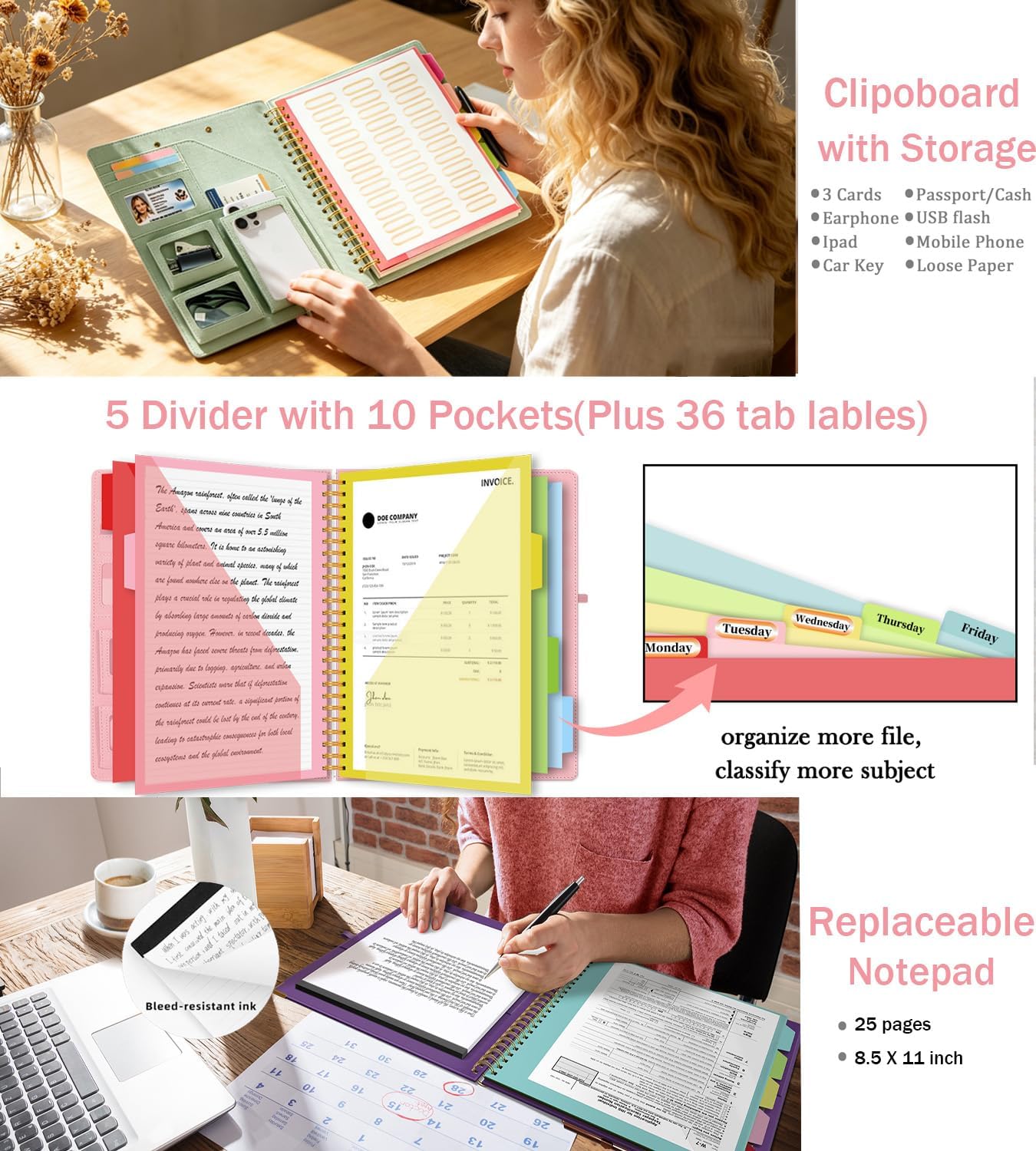Grey Foldable Spiral Clipboard Folio with Storage Zipper Pouch, 5 Plastic Folders with Pockets,Refillable Lined Notepad (8.5" x 11"), Hardcover Project Organizer with 39 Stickers