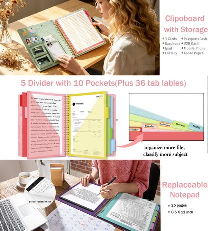Grey Foldable Spiral Clipboard Folio with Storage Zipper Pouch, 5 Plastic Folders with Pockets,Refillable Lined Notepad (8.5" x 11"), Hardcover Project Organizer with 39 Stickers
