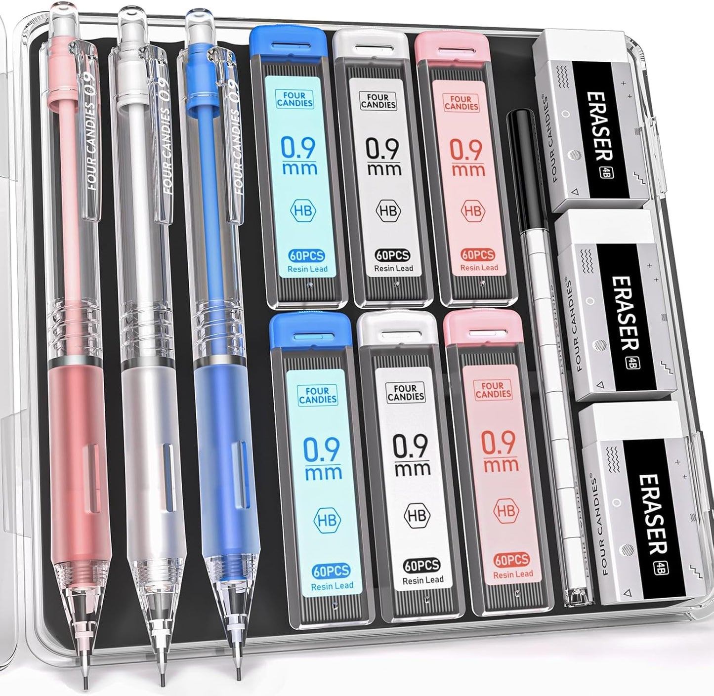 Four Candies Mechanical Pencil Set with Case, 6PCS Aesthetic Mechanical Pencils 0.5 & 0.7mm with 360PCS HB Lead Refills, 12PCS Erasers, Cute Mechanical Pencils for Writing, Drawing and Sketching