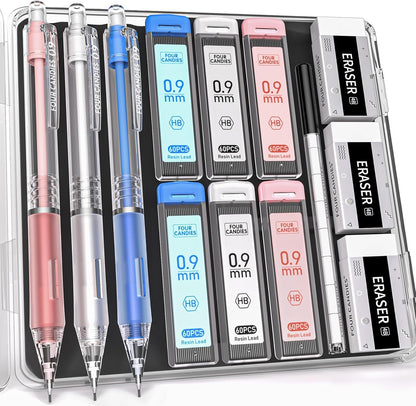 Four Candies Mechanical Pencil Set with Case, 6PCS Aesthetic Mechanical Pencils 0.5 & 0.7mm with 360PCS HB Lead Refills, 12PCS Erasers, Cute Mechanical Pencils for Writing, Drawing and Sketching