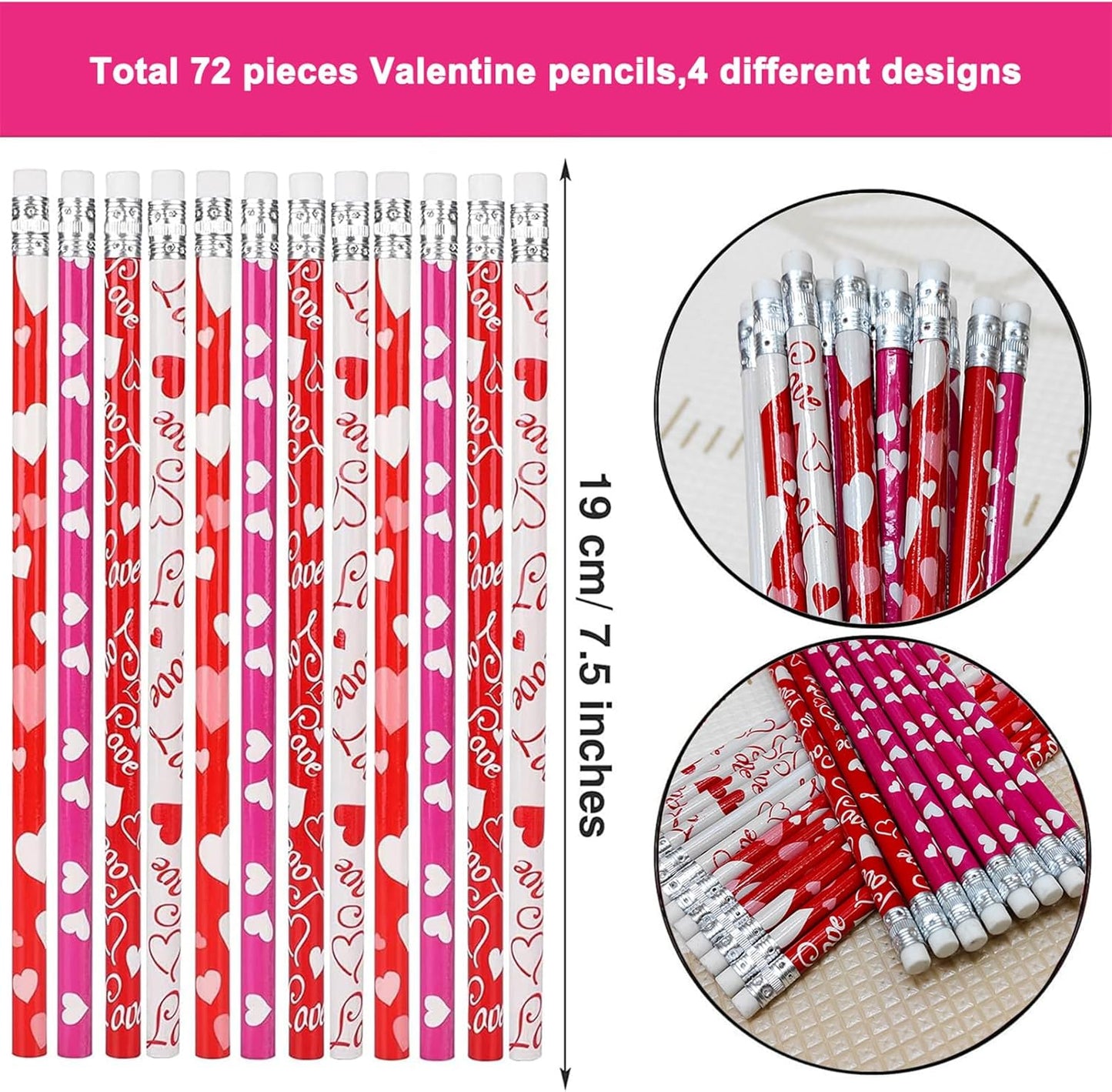 72PCS Valentine's Day Pencils,Wooden Heart Pencil with Eraser,Red Heart Pencil,Bullk Pencils for Exchange Gifts,Kids School Rewards Giveways Party Favors