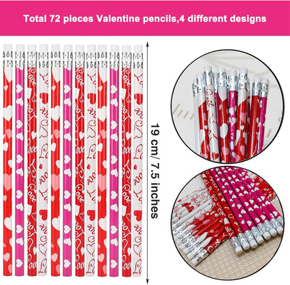 72PCS Valentine's Day Pencils,Wooden Heart Pencil with Eraser,Red Heart Pencil,Bullk Pencils for Exchange Gifts,Kids School Rewards Giveways Party Favors