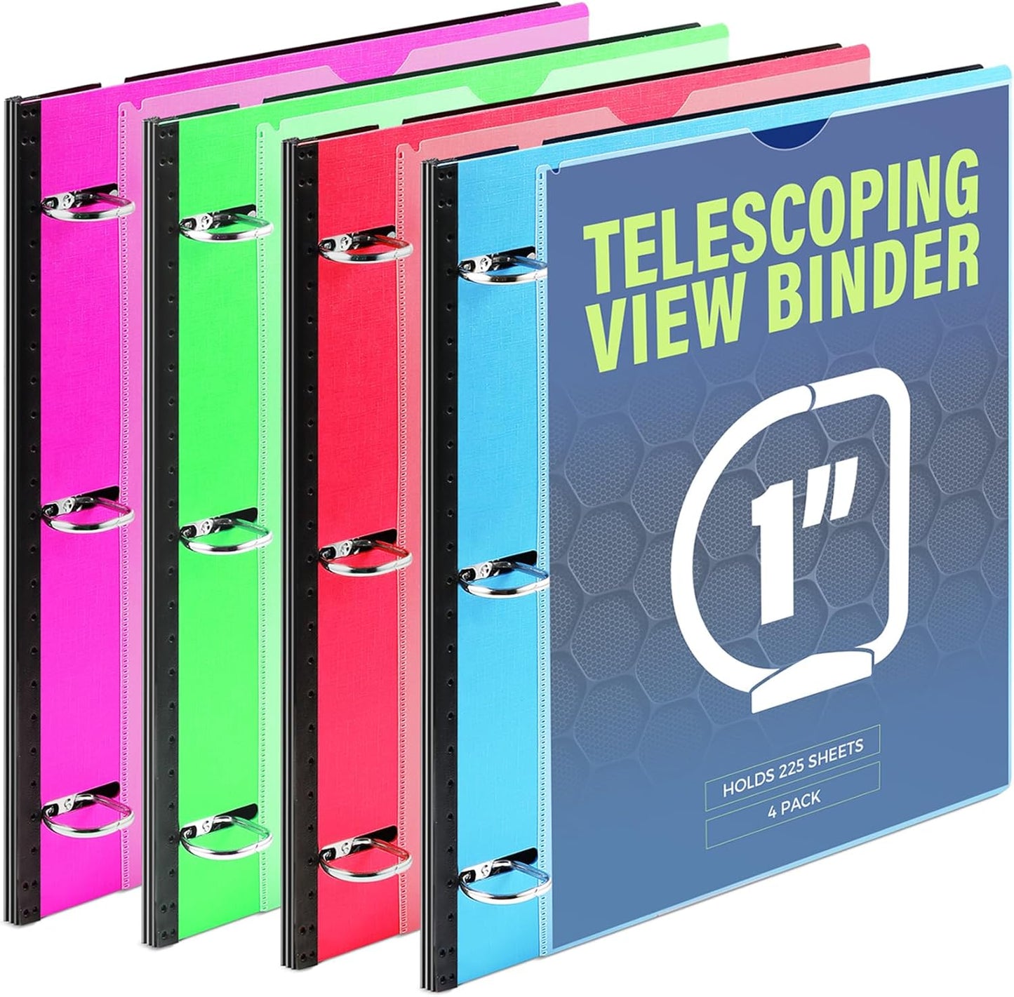 WOT I 1 Inch Telescoping 3 Ring Binder 4 Pack, Expandable Flexible Binder with Customizable Front Cover & Clear Catalog Pocket, Holds 225 Sheets, School Office Supplies, White