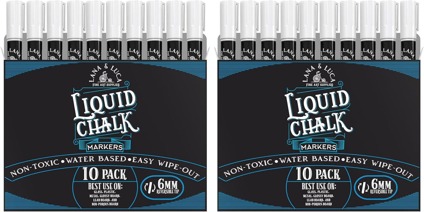 Liquid Chalk Marker Pen - White Dry Erase Marker - Chalkboard Signs, Windows, Blackboard, Glass (6 Pack) 3-6mm Reversible Tip, 3-3mm Fine Tip