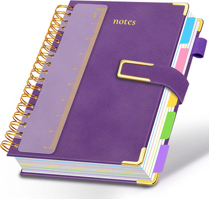 Hardcover Spiral Notebook College Ruled, 8"x10" Leather Journal Notebook with Magnetic Closure, 300 Pages 5 Subject Notebook with Dividers Tabs Journal for Women Men, Work, School(Rose Red)