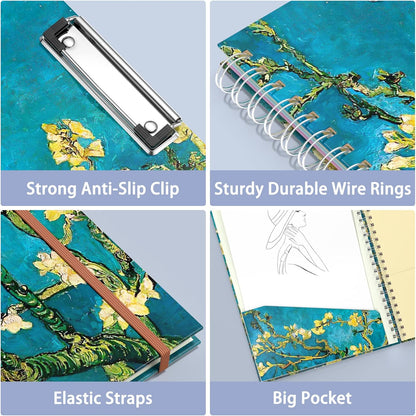 Rimilak Spiral Clipboards Folio with Refillable Lined Notepad, 14.5 x 9.8 In, Hardcover Cover with 5 Interior Pockets, Elastic Band and Pen Loop Series. Cute Stylish Clipfolio, Daisy Flower
