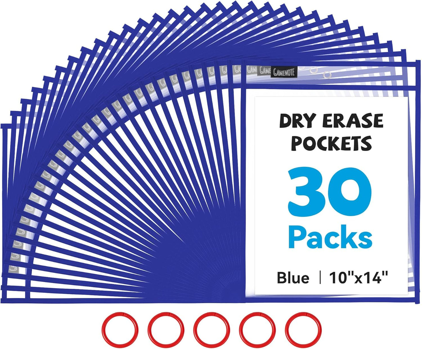 Gamenote Dry Erase Pockets 30 Pack with Rings, Oversized Reusable Plastic Sleeves Shop Job Ticket Holders Sheet Protectors Teacher Supplies Organization for Classroom Must Have, 10x14 Inches (Black)