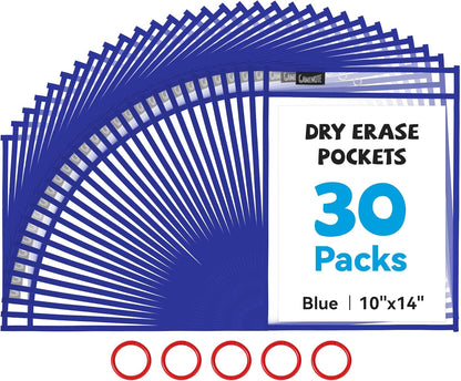 Gamenote Dry Erase Pockets 30 Pack with Rings, Oversized Reusable Plastic Sleeves Shop Job Ticket Holders Sheet Protectors Teacher Supplies Organization for Classroom Must Have, 10x14 Inches (Black)