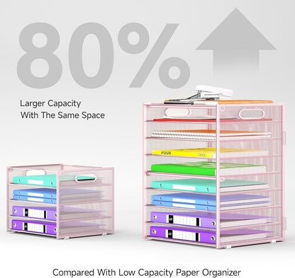 Cawukege 9 Tier Paper Organizer with Handle, Black Large Capacity Desk Organizer Mesh File Folder Letter Paper Tray Desktop Document Sorter for Classroom, School, and Office Accessories Organization