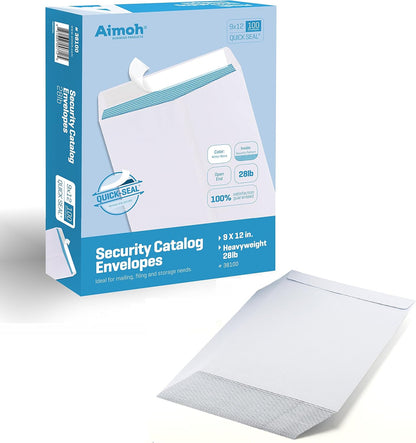 Aimoh 100 9 x 12 SELF Seal Security White Catalog Envelopes - 28lb - Security Tinted, Ultra Strong Quick-Seal, 9x12 inch (38100)