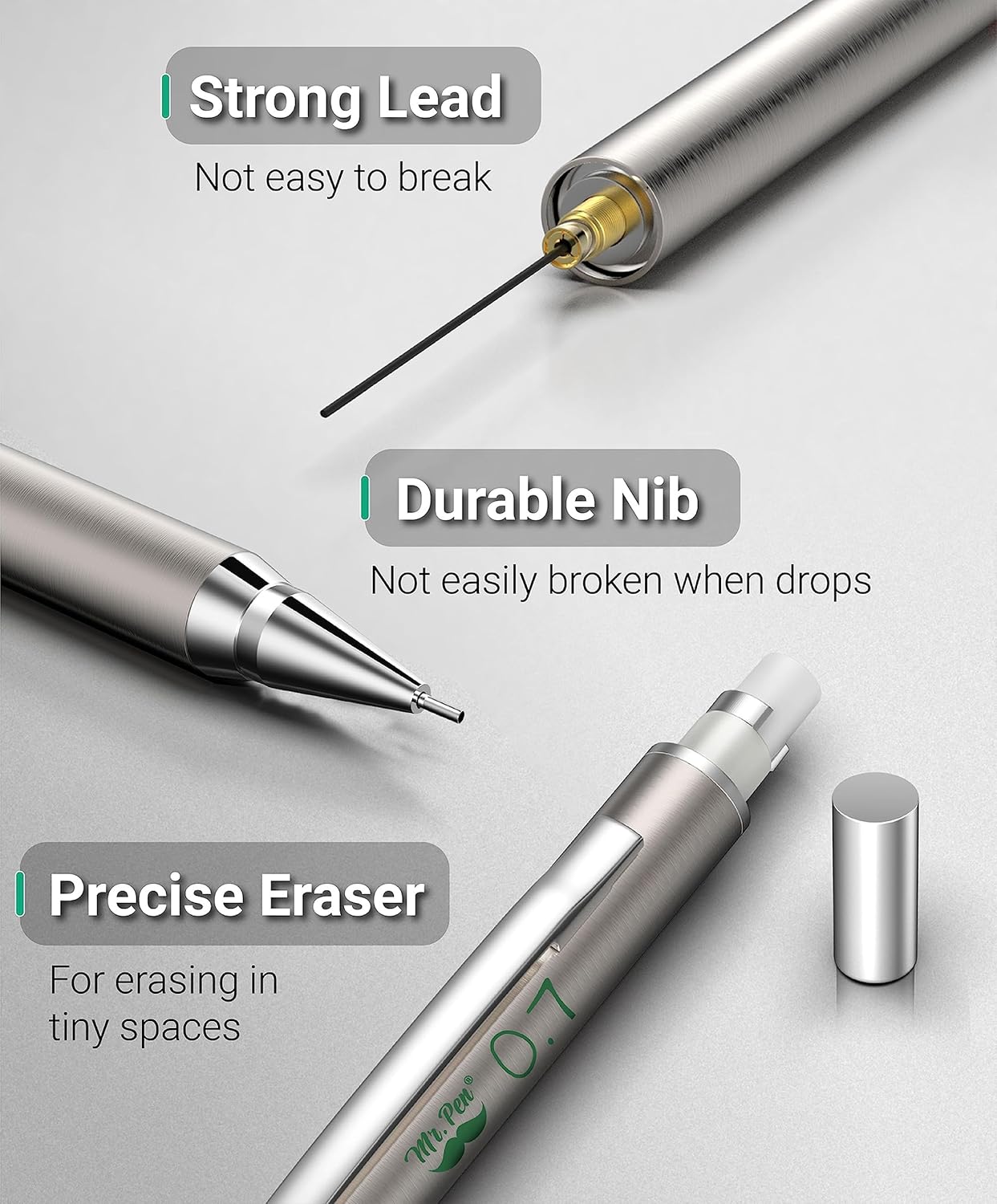 Mr. Pen- Metal Mechanical Pencil Set with Lead Refills & Erasers, 2mm, HB & Colored Lead Refills, 4x Eraser Refills for School Supplies, Note Taking, Drawing, Sketching, Office