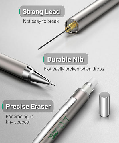 Mr. Pen- Metal Mechanical Pencil Set with Lead Refills & Erasers, 2mm, HB & Colored Lead Refills, 4x Eraser Refills for School Supplies, Note Taking, Drawing, Sketching, Office