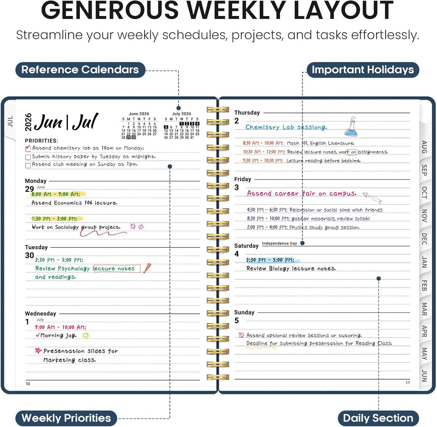 Planner 2026-2027, Academic Year Monthly and Weekly Calendar Planner, Jul 2026 - Jun 2027, Hardcover Teacher Student Planning Agenda book with Tabs, Perfect for School Office Supplies, 6.3" x 8.5" - Wildflowers
