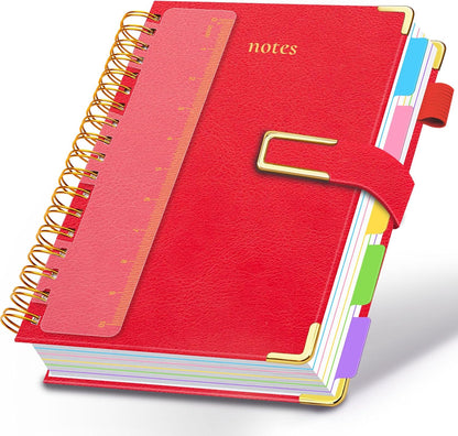 Hardcover Spiral Notebook College Ruled, 8"x10" Leather Journal Notebook with Magnetic Closure, 300 Pages 5 Subject Notebook with Dividers Tabs Journal for Women Men, Work, School(Rose Red)