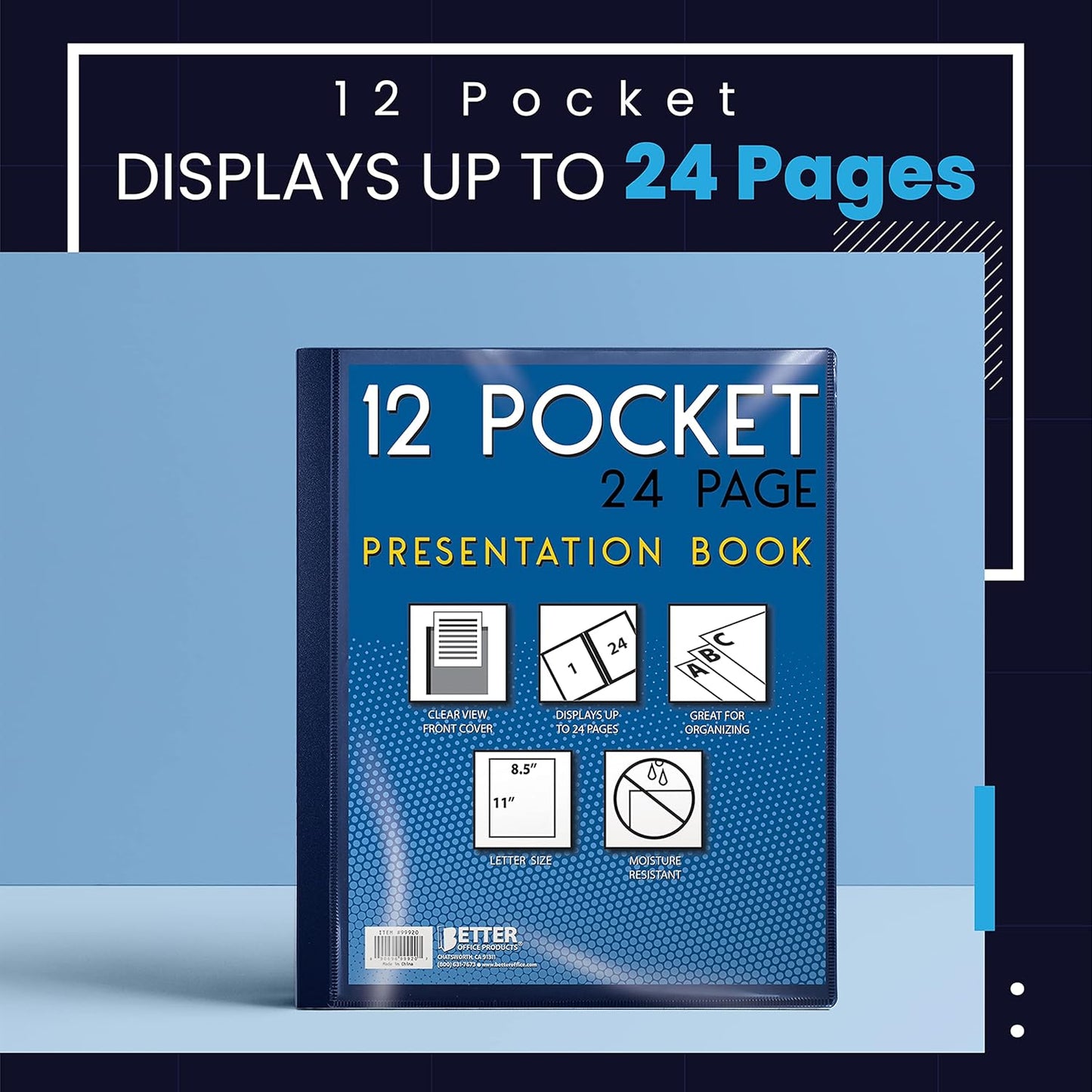 Better Office Products 12 Pocket Bound Presentation Book, Blue with Clear View Front Cover, 24 Sheet Protector Pages, 8.5" x 11" Sheets, Art Portfolio, Durable Poly Covers, Letter Size, Blue