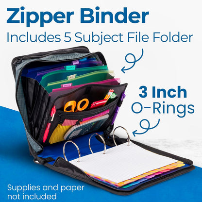 Case-it Mighty Zip Tab School Zipper Binder | 3-Inch O-Rings, 600-Sheet Capacity, 5-Subject Expanding File Folder, Multiple Pockets & Storage Organizer, Shoulder Strap | D-146 Jet Black